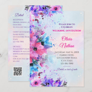 Convite Casamento com Aquarela Vibrante em Fuchsia e Roxo