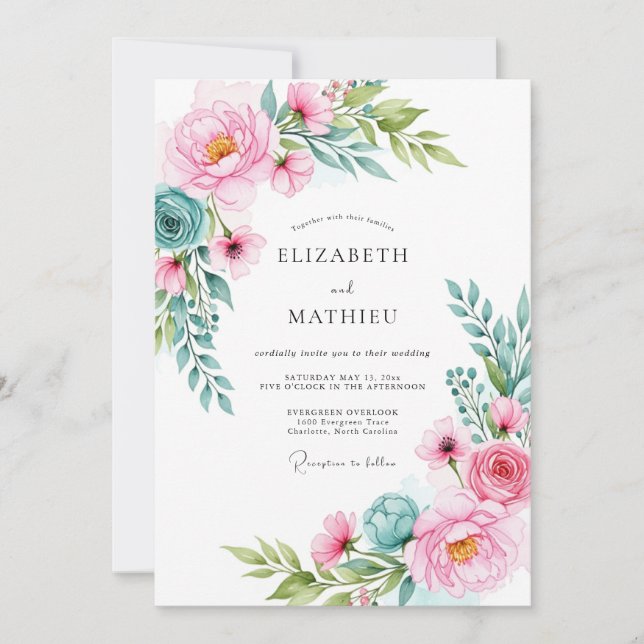 Convite Casamento com Aquarela Vibrante Rosa e Azul (Frente)