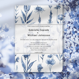 Convite Casamento com Aquarela Vintage Floral Azul Herbal