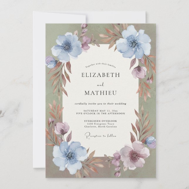 Convite Casamento com Aquarela Violeta Azulada (Frente)