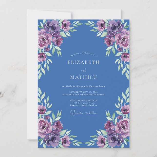 Convite Casamento com Aquarela Violeta Índigo (Frente)