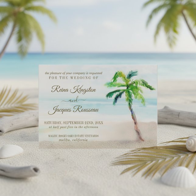 Convite Casamento com Aquarelas de Palma de Praia Tropical (Criador carregado)