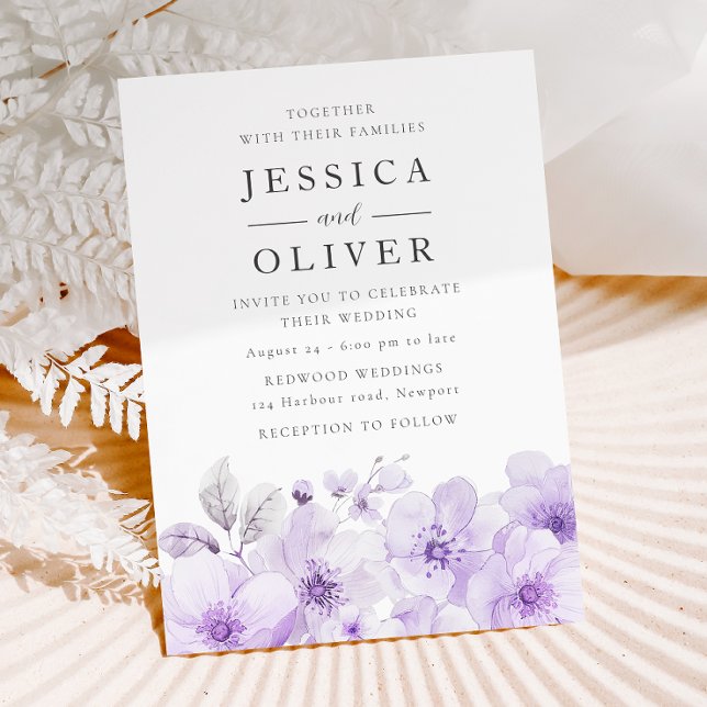 Convite Casamento com Aquarelas Florais de Lavanda Roxa (Criador carregado)