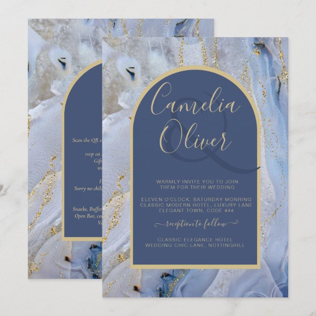 Convite Casamento com Arca de Mármore Dourada Azul Moderno (Frente/Verso)
