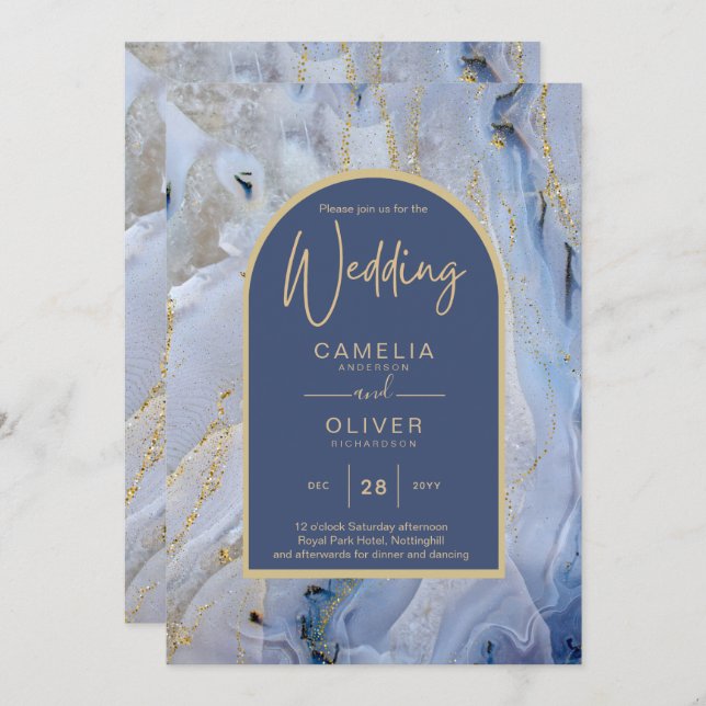 Convite Casamento com Arca de Mármore Dourada Azul Moderno (Frente/Verso)