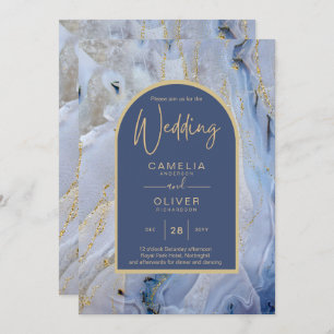 Convite Casamento com Arca de Mármore Dourada Azul Moderno