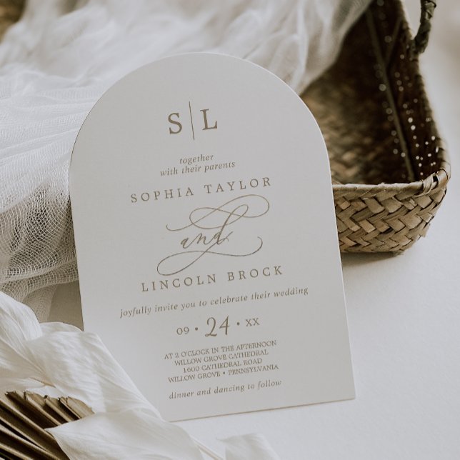 Convite Casamento com Arca de Monograma Dourada Romântica (Romantic Gold Calligraphy Monogram Arch Wedding Invitation)