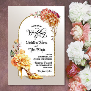 Convite Casamento com Arca Floral Dourada Laranja