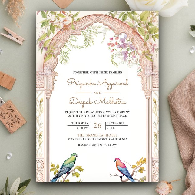 Convite Casamento com Arca Floral Indiana de Parrots Elega (Criador carregado)