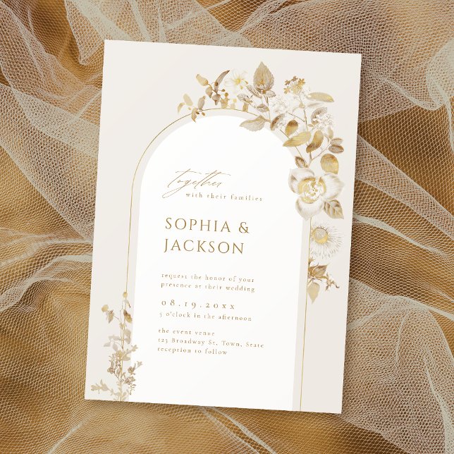 Convite Casamento com Arca Foral Botânica Dourada Elegante (Elegant Gold Botanical Floral Arch Wedding Invitation)