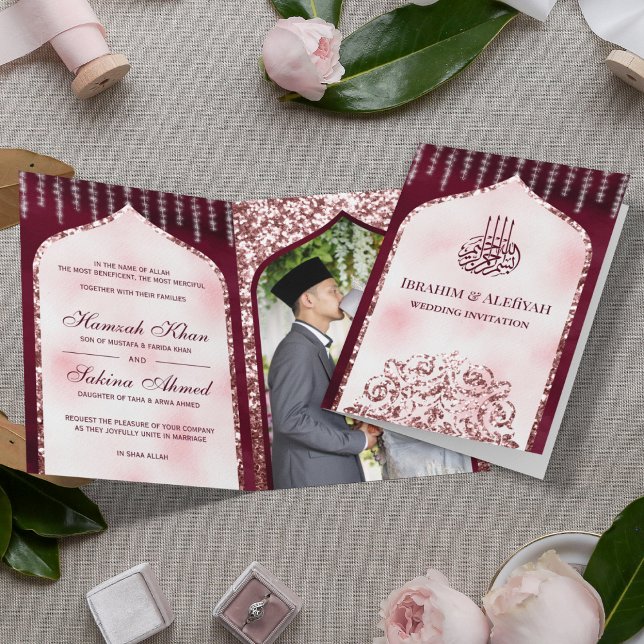 Convite Casamento com Arca Islâmica Rosa-Rosa-Esbranquiçad (Criador carregado)
