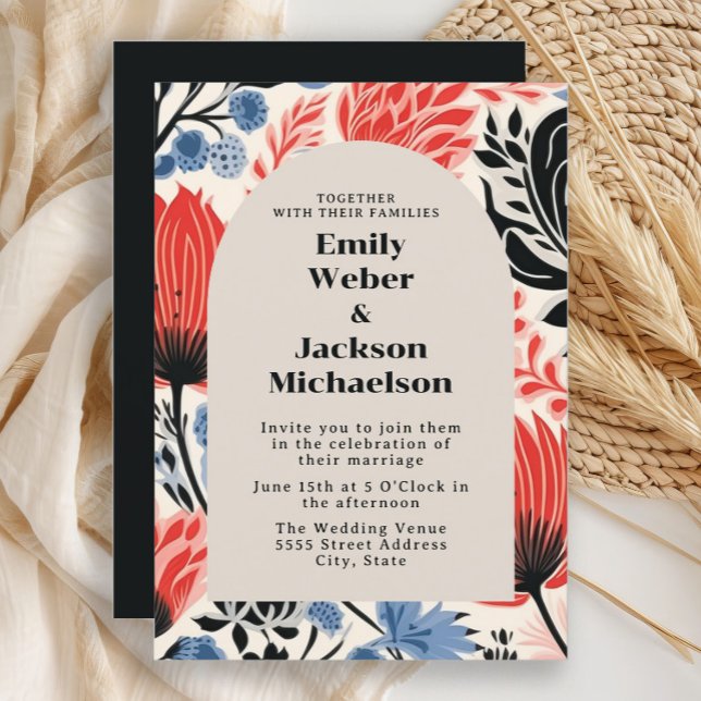 Convite Casamento com Arca Vermelha de Creme Marinho Moder (Red, black, and blue retro-style flowers wedding invitation)