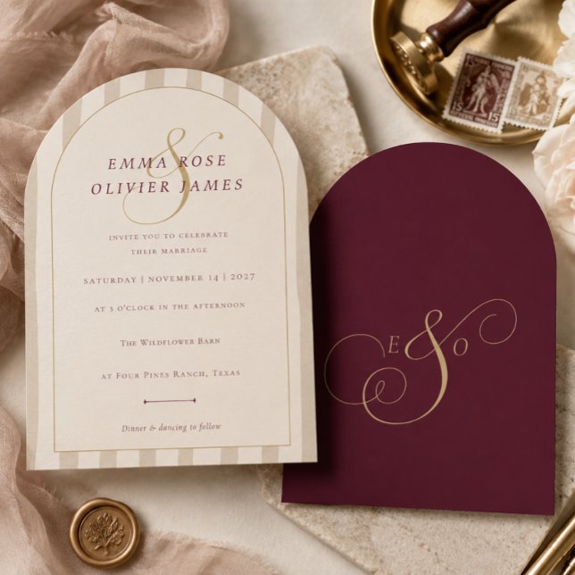Convite Casamento com Arco de Champanhe Borgonha Moderno e (Elegant Modern Burgundy Champagne Arch Wedding Invitation)