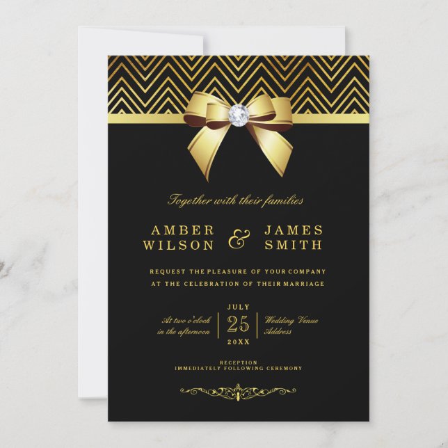 Convite Casamento com Arco de Chic Black Dourado Chevrons  (Frente)