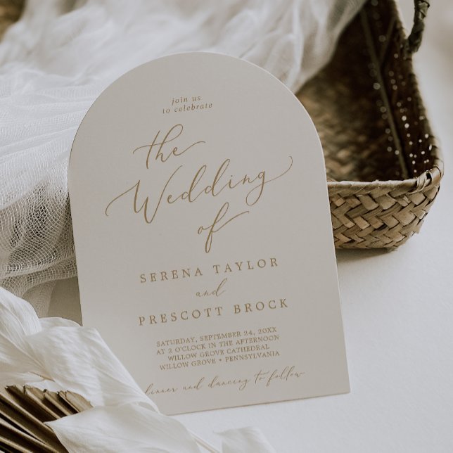 Convite Casamento com Arco de Creme Boho, Dourado Caligraf (Delicate Gold Calligraphy Cream Boho Arch Wedding Invitation)
