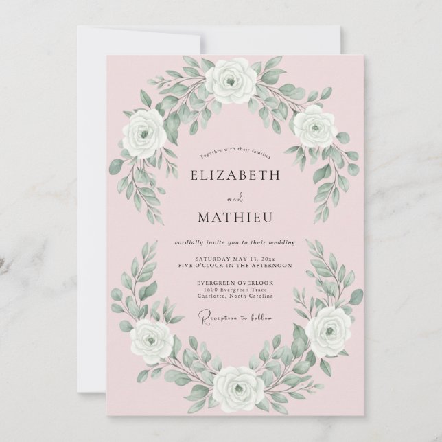 Convite Casamento com Arco de Folhas Brancas Rosadas (Frente)