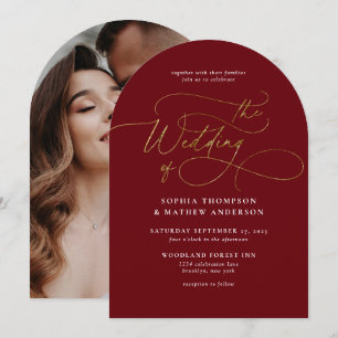 Convite Casamento com Arco de Foto de Caligrafia em Ouro d