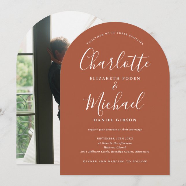 Convite Casamento com Arco de Foto do Script da Assinatura (Frente/Verso)