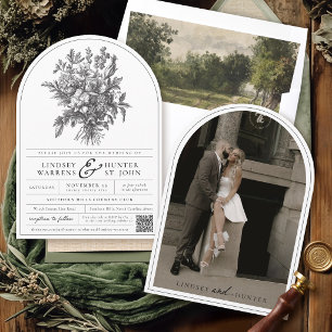 Convite Casamento com Arco de Foto Floral Vintage Preto e 