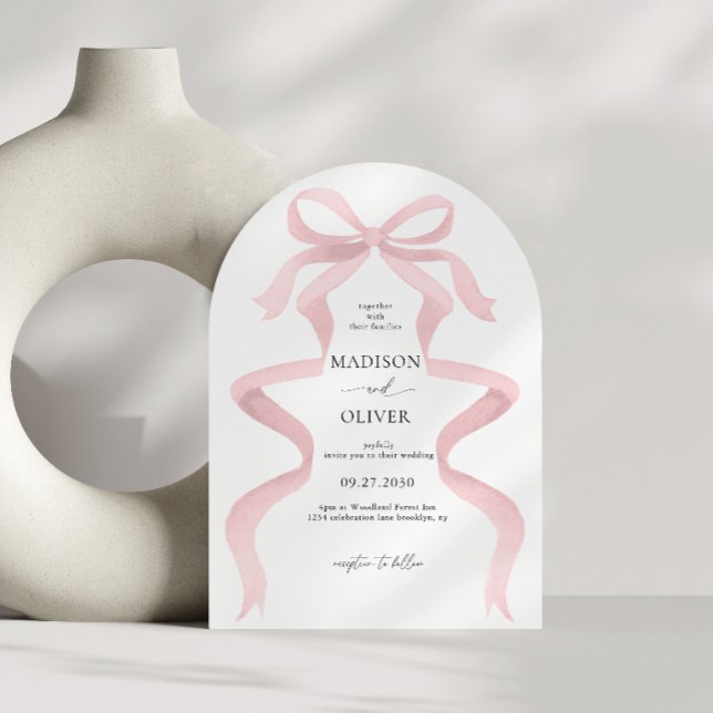 Convite Casamento com Arco de Monograma de Laço Rosa Elega (Criador carregado)