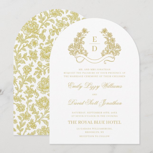 Convite Casamento com Arco de Monograma Dourado e Branco H (Frente/Verso)