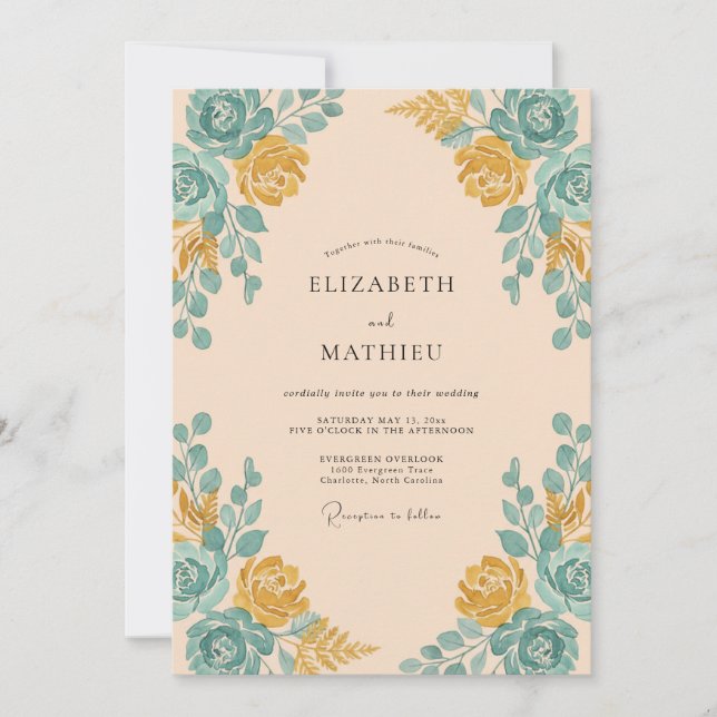 Convite Casamento com Arco de Rosa Teal Damasco (Frente)