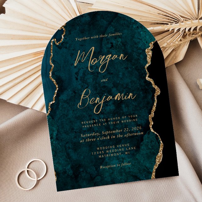 Convite Casamento com Arco de Script de Agato Azul-Teal Mo (Criador carregado)