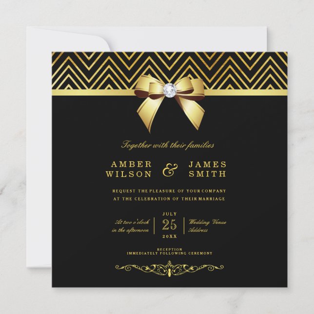 Convite Casamento com Arco Dourado Clássico Chevrons Diamo (Frente)