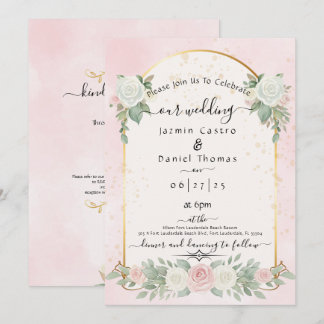 Convite Casamento com Arco Dourado e Floral em Aquarela Ro