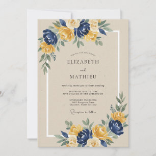 Convite Casamento com Arco Floral Amarelo e Azul-Marinho