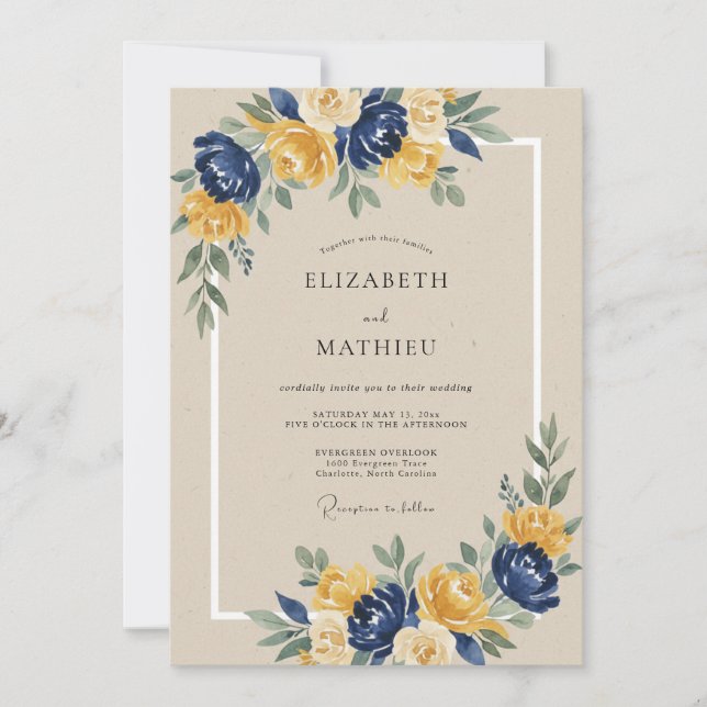 Convite Casamento com Arco Floral Amarelo e Azul-Marinho (Frente)
