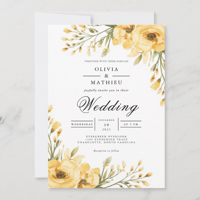 Convite Casamento com Arco Floral Amarelo ouro (Frente)