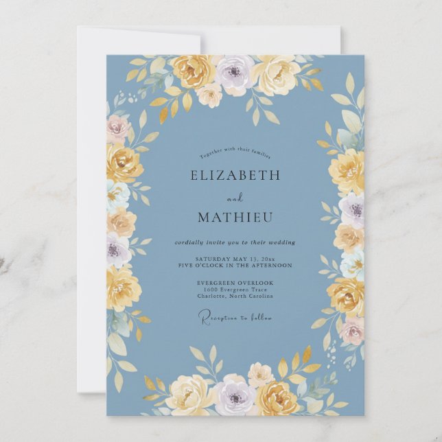 Convite Casamento com Arco Floral Azul Amarelo (Frente)