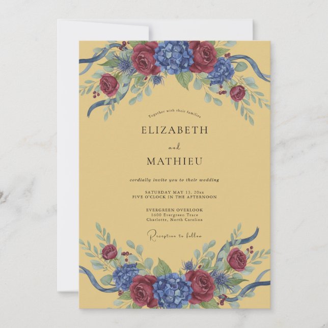 Convite Casamento com Arco Floral Azul Borgonha (Frente)