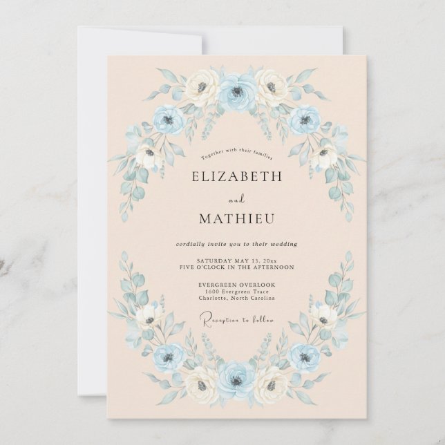 Convite Casamento com Arco Floral Azul Desbotado (Frente)