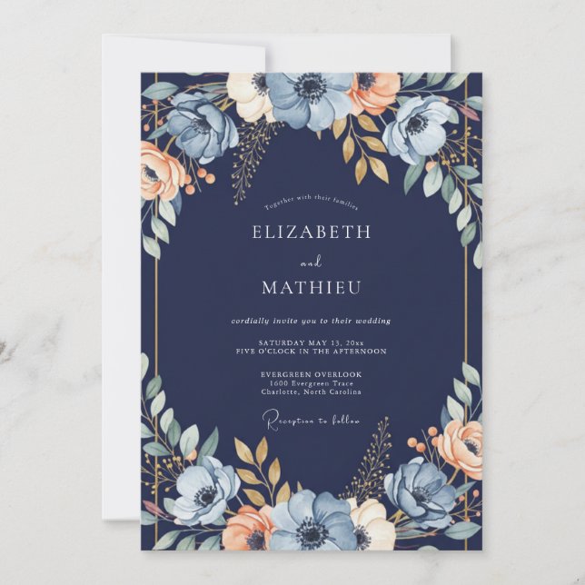 Convite Casamento com Arco Floral Azul Marinho (Frente)