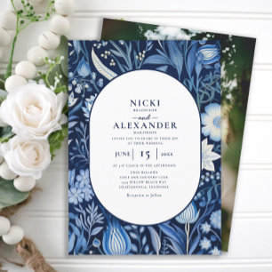 Convite Casamento com Arco Floral Azul Marinho Branco em F