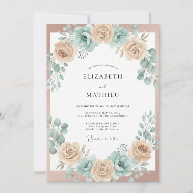 Convite Casamento com Arco Floral Azul Pêssego (Frente)
