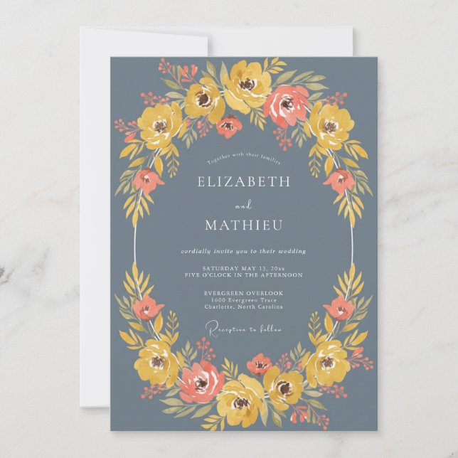 Convite Casamento com Arco Floral Azul Pizarra (Frente)