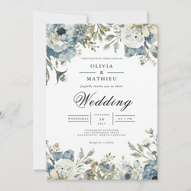 Convite Casamento com Arco Floral Azul Temperamental (Frente)