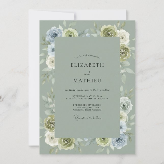 Convite Casamento com Arco Floral Azul Verde (Frente)