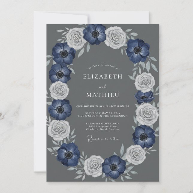 Convite Casamento com Arco Floral Branco e Azul Marinho (Frente)