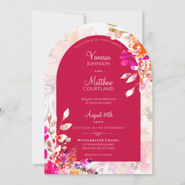 Convite Casamento com Arco Floral Cor-de-Rosa e Laranja em (Frente)