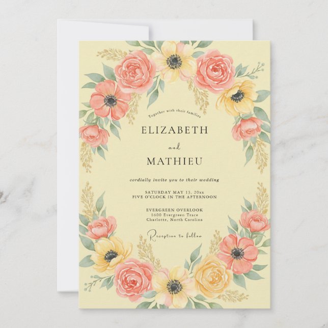 Convite Casamento com Arco Floral Coral Blush (Frente)