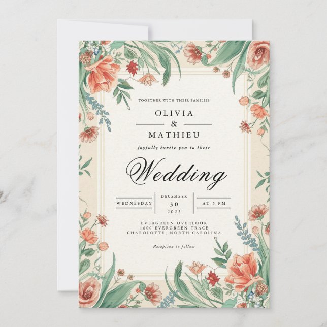 Convite Casamento com Arco Floral Coral & Sage (Frente)