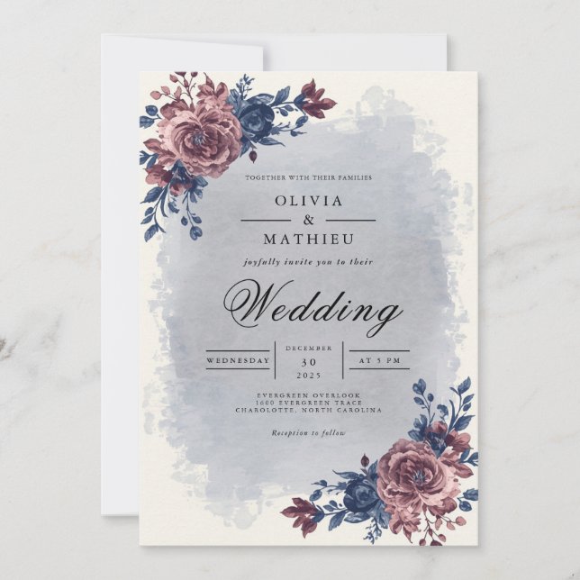 Convite Casamento com Arco Floral de Ameixa Mal-humorada (Frente)