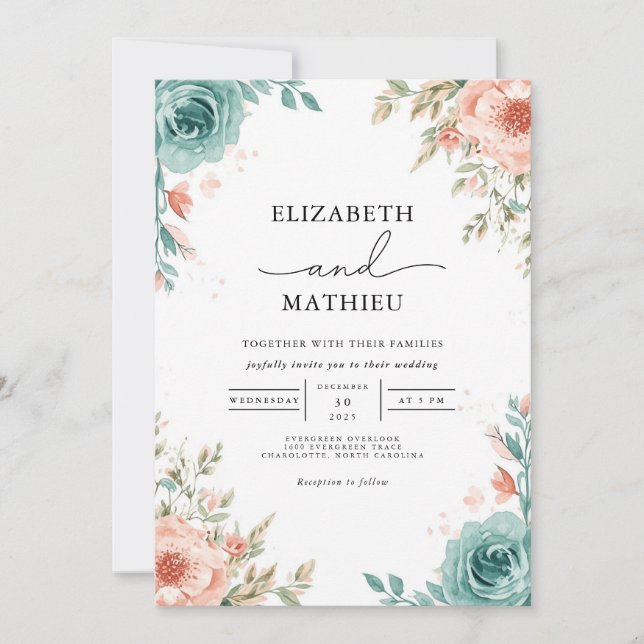 Convite Casamento com Arco Floral de Blush de Teal Molhado (Frente)