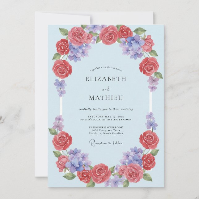 Convite Casamento com Arco Floral de Coral Azul (Frente)