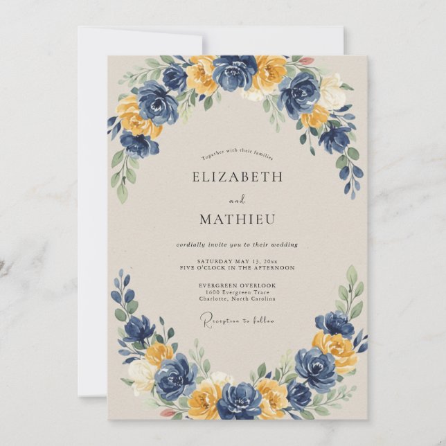 Convite Casamento com Arco Floral Dourado Marinho (Frente)