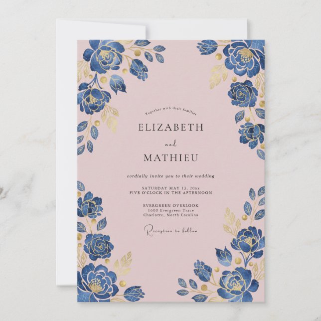 Convite Casamento com Arco Floral em Aquarela Azul (Frente)